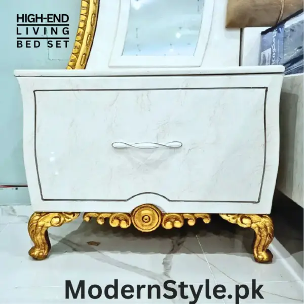 Modern Luxury White Bed Set – Elegant Bed, Dressing Table & Side Table - Image 4