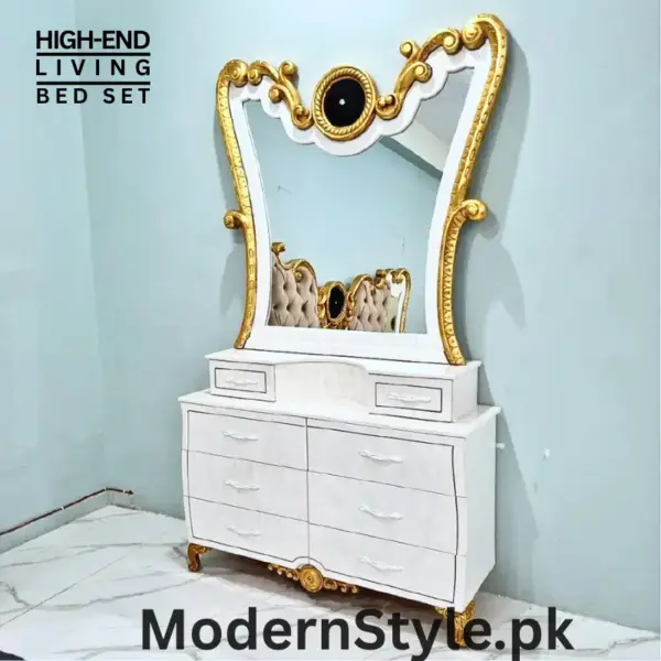 Modern Luxury White Bed Set – Elegant Bed, Dressing Table & Side Table - Image 5