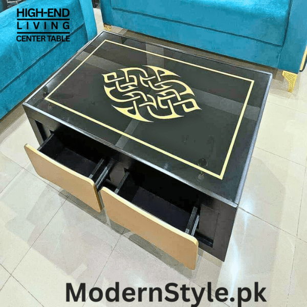 Premium Black Center Table with Drawer – Modern MDF & Glass Design - Image 4