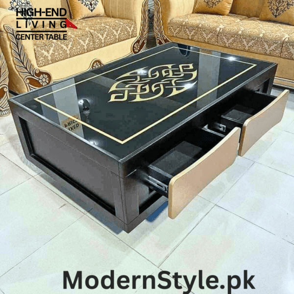 Modern Black Center Table – Glass Top with Storage Drawer | Pakistan