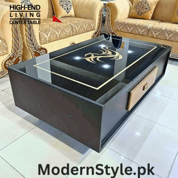 Premium Black Center Table with Drawer – Modern MDF & Glass Design - Image 2