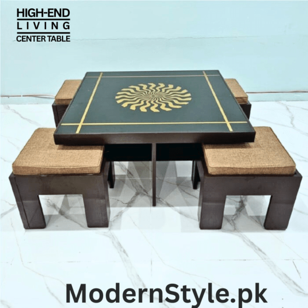 Space-Saving Center Table with 4 Stools - Modern Pakistani Set