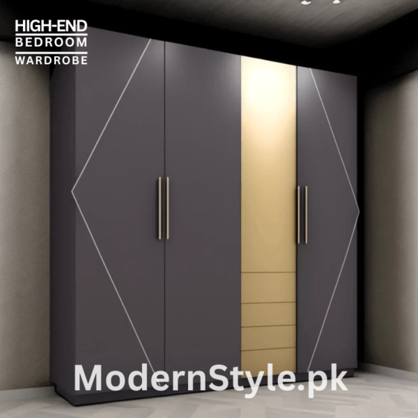 Modern 4-Door Wardrobe – Rosewood & MDF Storage | Pakistan